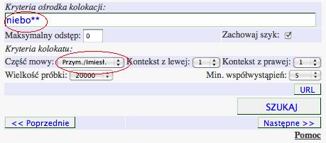 Na górze tabeli wyników podana jest kolejno ogólna liczba wystąpień ośrodka kolokacji w korpusie, liczba przeanalizowanych kontekstów, oraz liczba potencjalnych kolokacji.