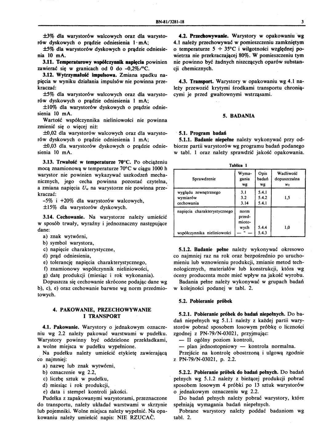 BN-8l/3281-18 3 ±3% dla warystor6w walcowych oraz dla warystor6w dyskowych o prądzie odniesienia I ma; ±S% dla warystor6w dyskowych o prądzie odniesienia 3.11.