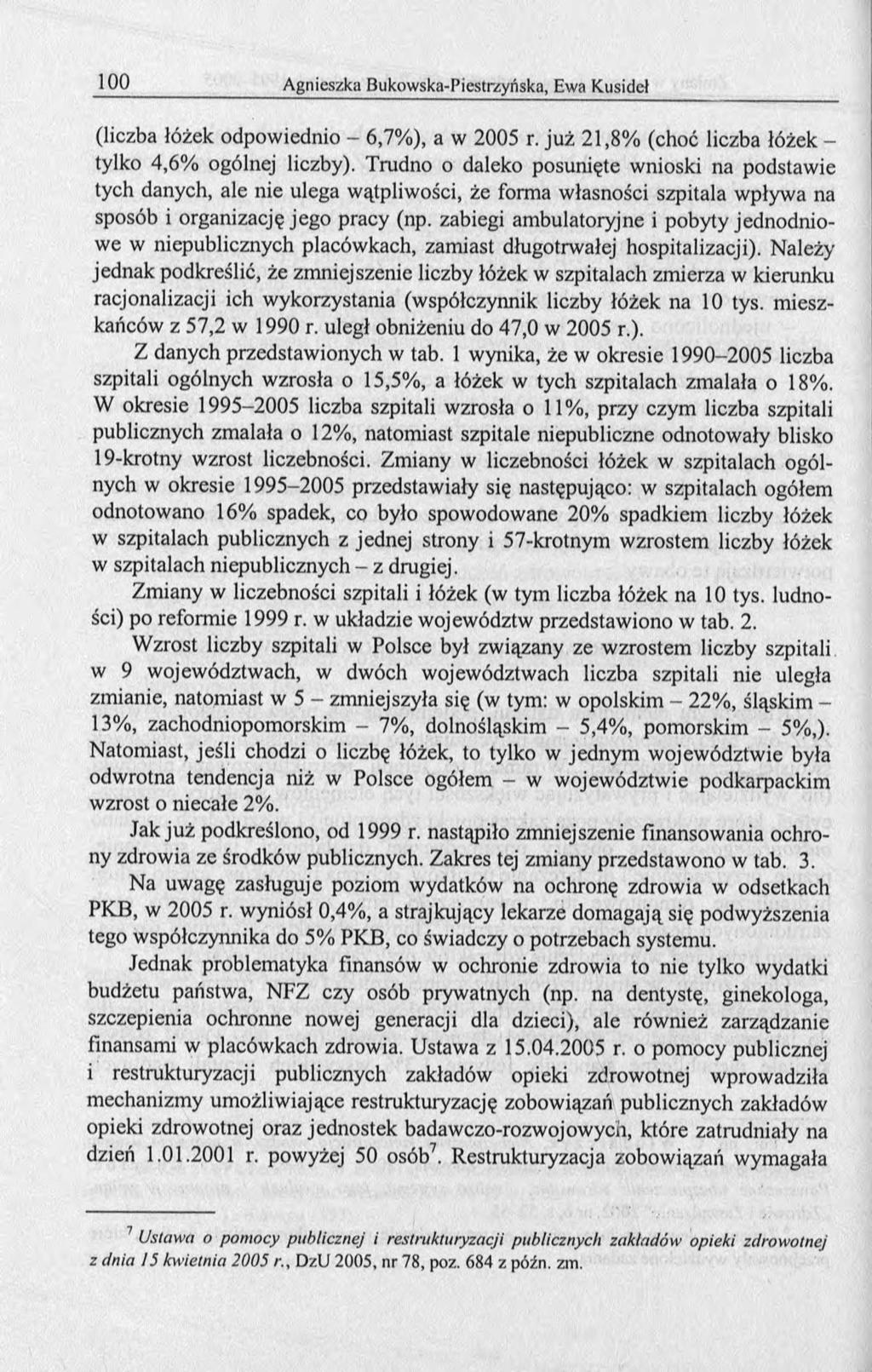 (liczba łóżek odpowiednio - 6,7%), a w 2005 r. już 21,8% (choć liczba łóżek - tylko 4,6% ogólnej liczby).