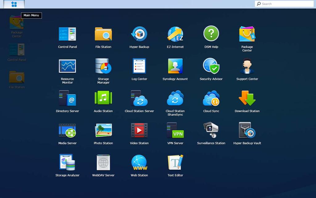 Synology NAS Przewodnik Otwieranie aplikacji i pakietów za pomocą menu głównego W Menu głównym (przycisk w lewej górnej części pulpitu) można znaleźć wszystkie aplikacje i pakiety zainstalowane z