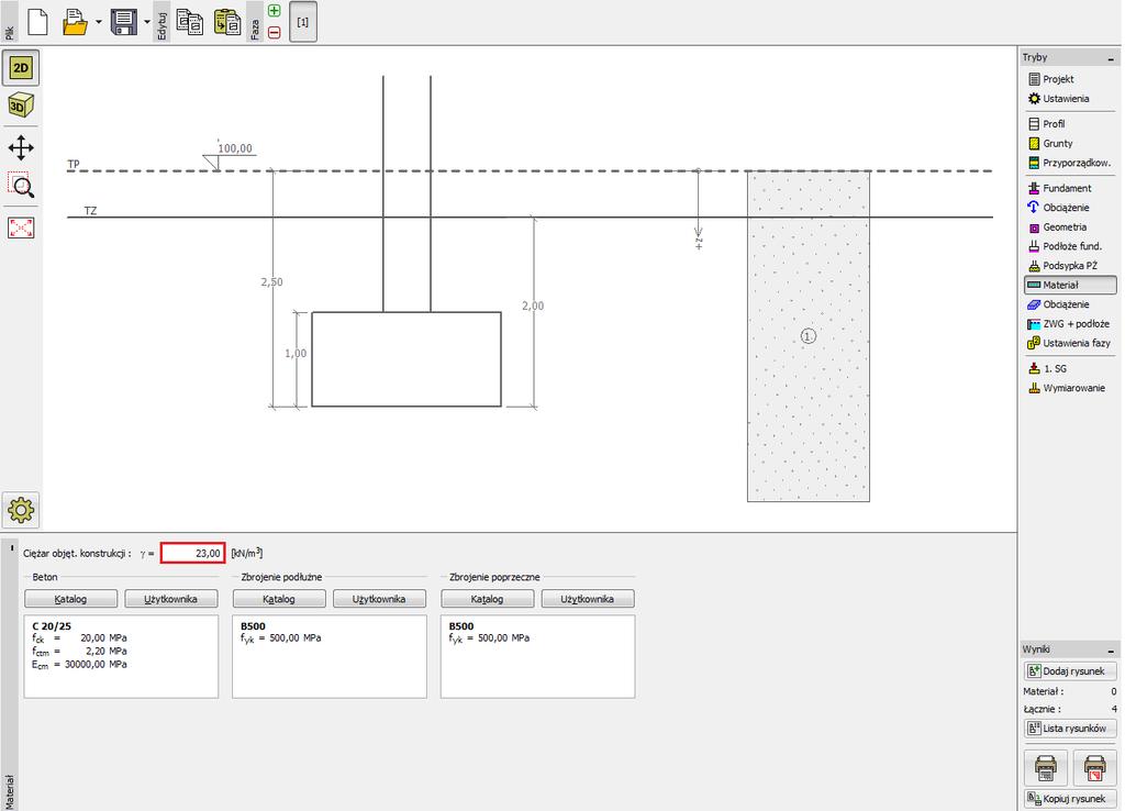 Ramka "Materiał" wprowadzanie danych materiałowych konstrukcji Pomiń ramkę "Obciążenie", gdyż nie występuje żadne obciążenie naziomu w pobliżu fundamentu.