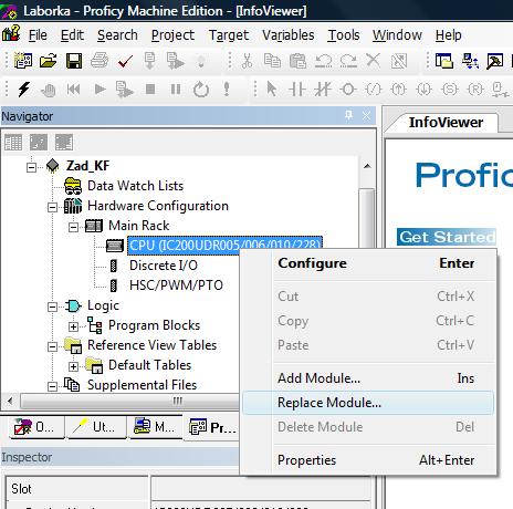 W związku z powyższym należy kliknąć prawym przyciskiem na jednostce CPU i z rozwiniętego menu kontekstowego wybrać pole Replace Module (Rys. A. 8).