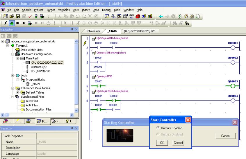 Rys. B. 12. Aktywacja wyjść sterownika. Rys. B. 13. Sterownik w trybie on-line uruchomiony program. Program w edytorze _MAIN zgodny z programem w sterowniku.