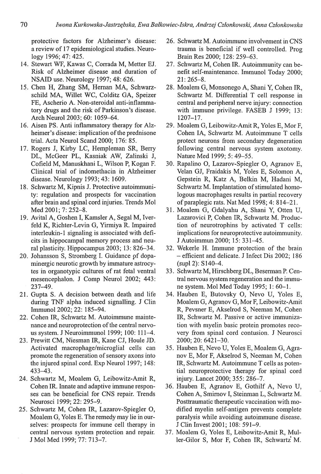 70 Iwona Kurkowska-Jastrzębska, Ewa Balkowiec-Iskra, Andrzej Członkowski, Anna Członkowska protective factors for Alzheimer's disease: a review of 17 epidemiological studies. Neurology 1996; 47: 425.