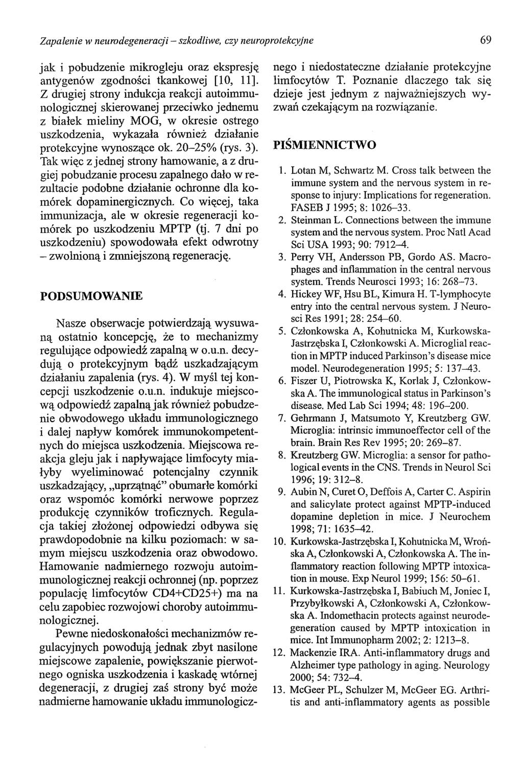 Zapalenie w neurodegeneracji - szkodliwe, czy neuroprotekcyjne 69 jak i pobudzenie mikrogleju oraz ekspresję antygenów zgodności tkankowej [lo, 11].