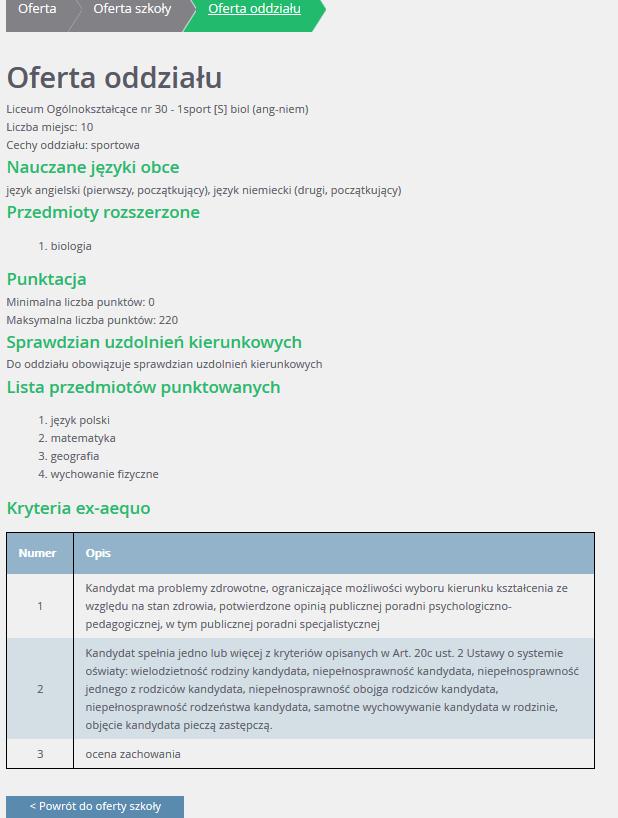 Podstawowe informacje dotyczące przeglądania oferty edukacyjnej szkół ponadgimnazjalnych Zostanie wyświetlony szczegółowy opis danej grupy, jej cechy oraz osiągnięcia i kryteria, które będą