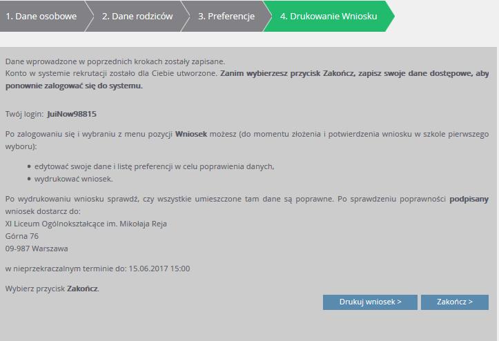 Rejestracja kandydata Aby pobrać wniosek do wydruku należy: 1. W menu bocznym kliknąć pozycję Wniosek, a następnie w prawym panelu odnośnik Drukuj wniosek. 2.