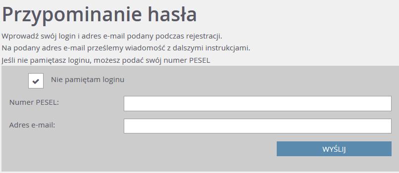 W sytuacji, gdy kandydat nie pamięta również loginu może skorzystać z opcji Nie pamiętam loginu - wówczas wpisuje swój numer PESEL i adres e-mail.