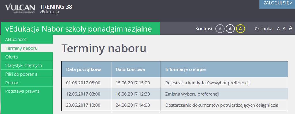 Podstawowe informacje o systemie Nabór Szkoły ponadgimnazjalne Po zalogowaniu się do aplikacji (które jest możliwe dopiero w terminie wskazanym przez kuratora oświaty) w nagłówku zmieniają się