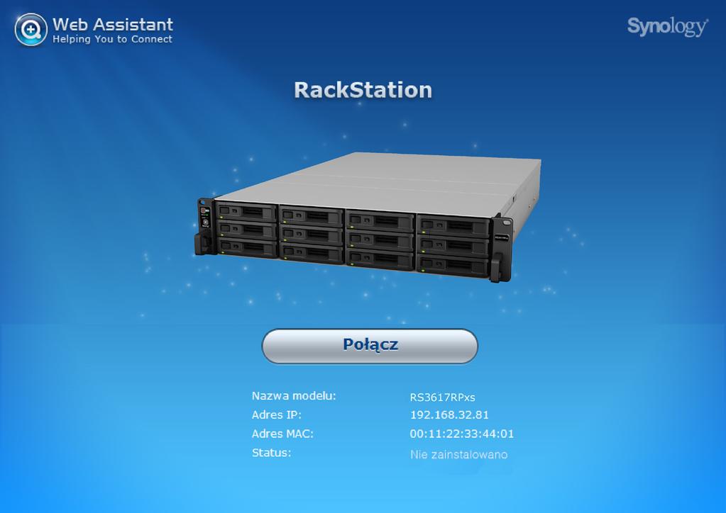Rozdział 3 Instalacja oprogramowania DSM na serwerze RackStation Po zakończeniu instalowania sprzętu zainstaluj na serwerze RackStation oprogramowanie DiskStation Manager (DSM) system operacyjny