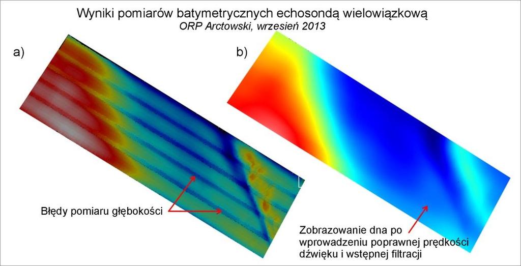 Wpływ prędkości dźwięku w wodzie na dokładność pomiaru głębokości przez skrajne wiązki MBES Źródło: pomiary hydrograficzne ORP Arctowski, wrzesień 2013 Na rysunku 3 przedstawiony został profil dna