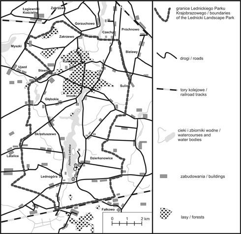 Rozwałka R., Renn K., Sienkiewicz P. Pająki Araneae i kosarze Opiliones Lednickiego... Ryc. 1. Fig. 1. Lednicki Park Krajobrazowy z zaznaczonymi powierzchniami badawczymi.