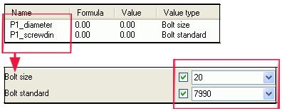 Opcja Wielkość śruby Norma śruby Opis Typy danych połączone do katalogu śrub. Wielkość śruby działa z Normą śruby. Posiadają stałe nazwy: Px_diameter oraz Px_screwdin. Nie zmieniaj stałej nazwy.