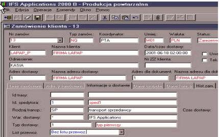 Rysunek 3: Zamówienie klienta/informacje o dostawie Wszystkie wartości wybierane są z Listy dopuszczalnych wartości, za wyjątkiem czasu dostawy, który możemy wprowadzać ręcznie.