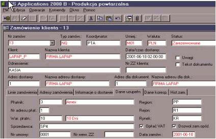 Rysunek 5: Zamówienie klienta/dane uzupełniające Definiujemy tutaj również sprzedawcę, który obsługuje to zamówienie.