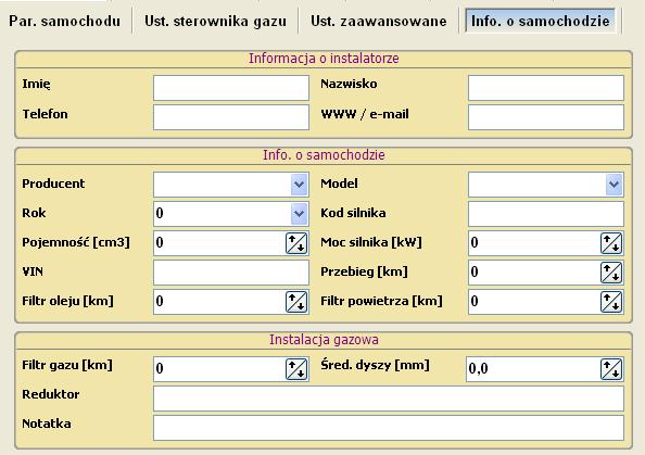 Informacje o samochodzie: Zakładka ta umożliwia instalatorowi zapis najważniejszych danych dotyczących pojazdu i parametrów instalacji. Rysunek 20.