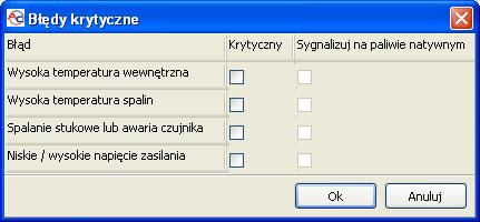 Po wciśnięciu przycisku Błędy krytyczne wyświetli się okno, w którym można ustawić sposób sygnalizacji wystąpienia wybranych błędów. Rysunek 27.