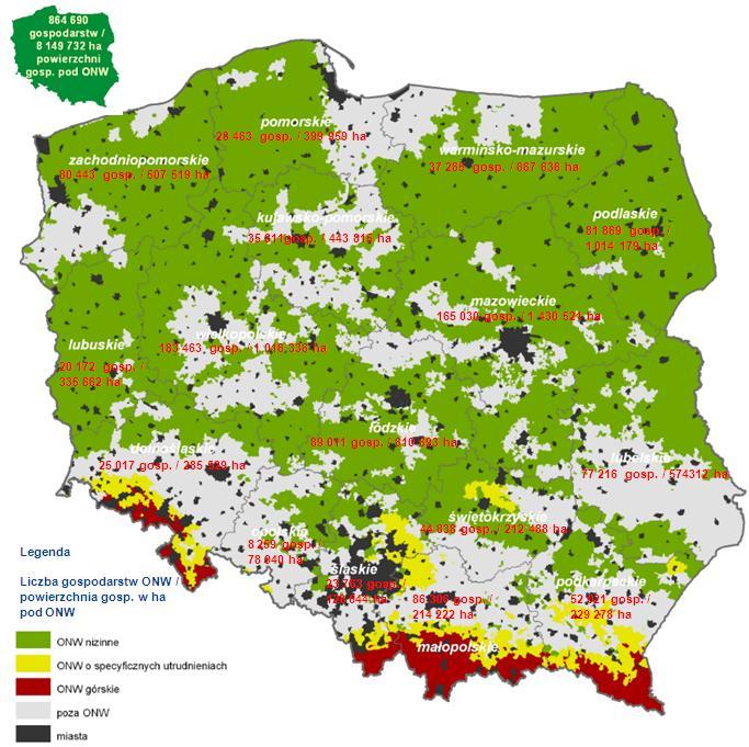 Mapa II - 9 Rozkład przestrzenny wspieranych gospodarstw w ramach działania