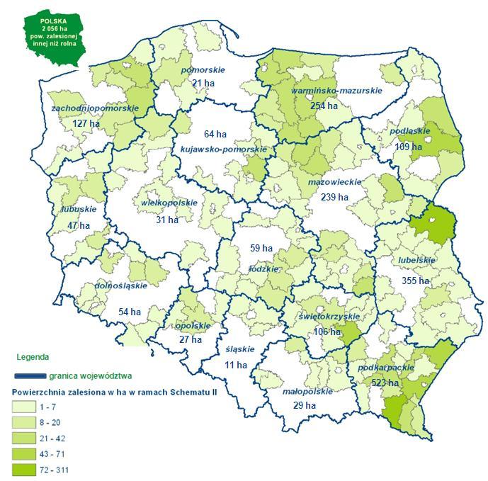 Mapa II -12 Rozkład przestrzenny powierzchni zalesionej w ramach Schematu II