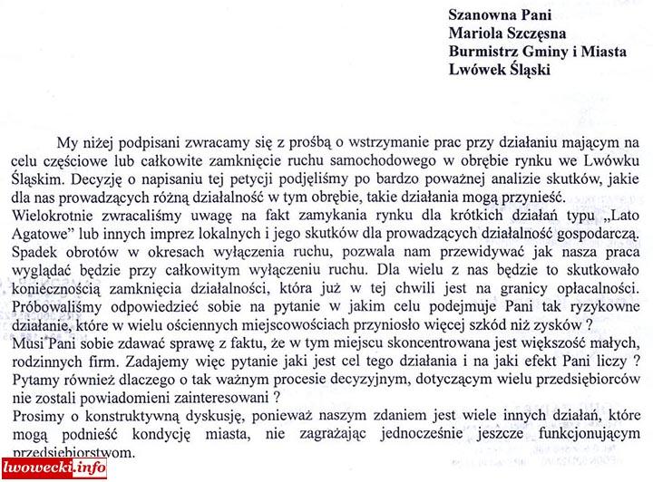Treść petycji lwóweckich przedsiębiorców Podczas wczorajszego spotkania burmistrz M.