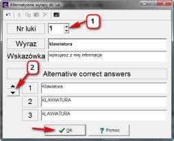 7. W oknie tworzonej luki wpisz tekst wskazówki oraz określ al