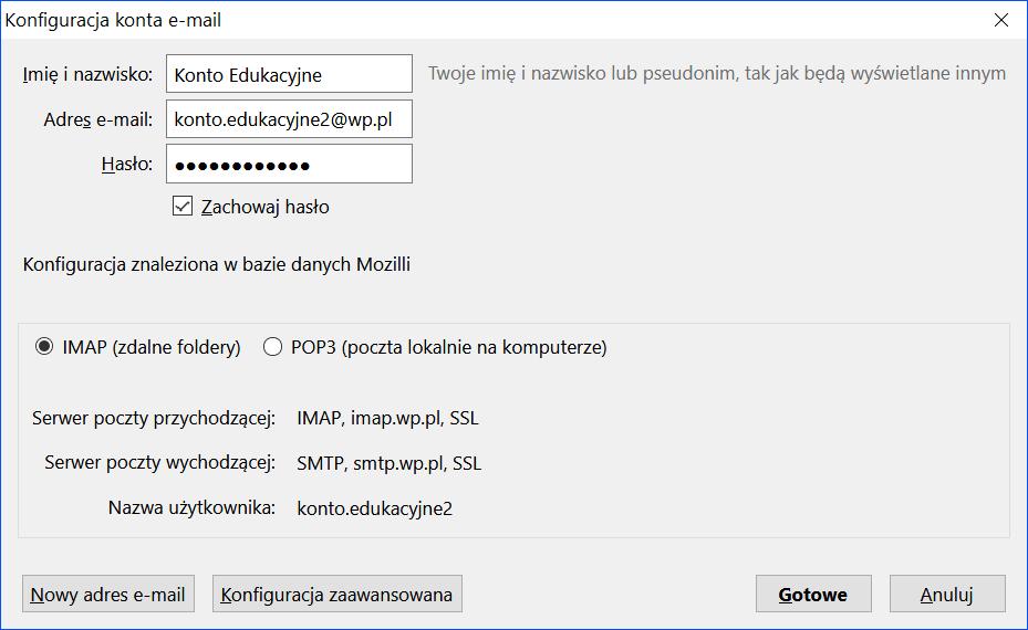 Po kolejnym oknie kreatora pierwszego uruchamiania, poruszamy się po polach edycyjnych Tabulatorem i wpisujemy wymagane dane: Imię i Nazwisko, Pełny adres e-mail jaki posiadamy, Hasło do konta e-mail.