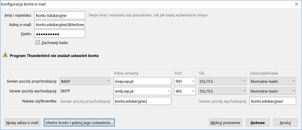 Thunderbird nie mógł skonfigurować prawidłowo konta automatycznie.