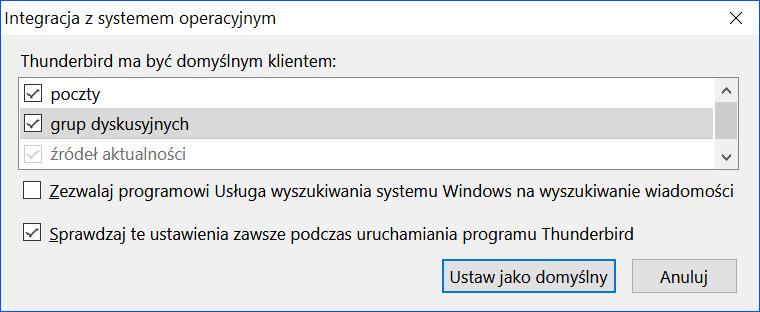 Strzałkami w dół lub w górę przechodzimy po liście i zaznaczamy Spacją te elementy, dla których Thunderbird ma być domyślnym klientem. Domyślnie zaznaczone jest poczty.