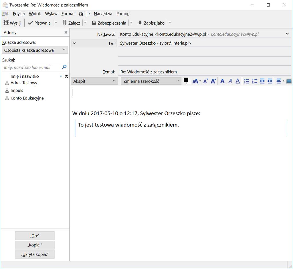 Odpowiedź przed lub po cytacie wiadomości), kursor będzie znajdował się na początku, przed cytatem otrzymanej wiadomości, albo na końcu, czyli po cytowanej wiadomości, na którą odpowiadamy.