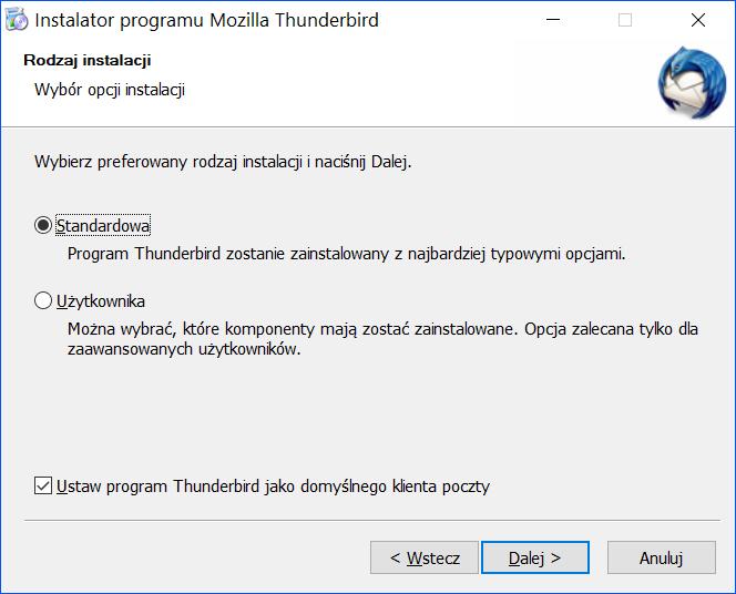 Wybieramy przycisk Dalej, naciskając Spację lub Enter, bo przycisk ten jest domyślnie zaznaczony. Pokaże się kolejne okno kreatora, gdzie domyślnie wybrany jest standardowy rodzaj instalacji.