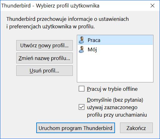 Jeśli okno menedżera profili nie zostanie wyświetlone, należy w polu Otwórz wprowadzić pełną ścieżkę do programu Thunderbird zamkniętą w cudzysłowie: w 32-bitowych systemach Windows: "C:\Program