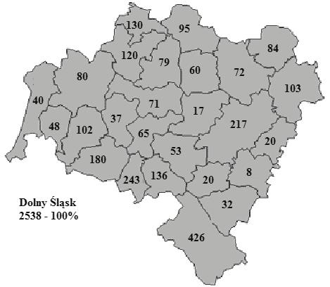 94 Michał Kruszyński Śląsk 2538 100% Rysunek 1. Program Rolnośrodowiskowy w powiatach Dolnego Śląska (2007-2010) Figure 1.