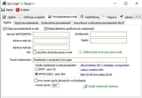 Zakładka powiadomienia e-mail. W zakładce powiadomienia e-mail -> ogólne uruchamiamy powiadamianie o zaistniałych zdarzeniach konfigurując połączenia z serwerem pocztowym.