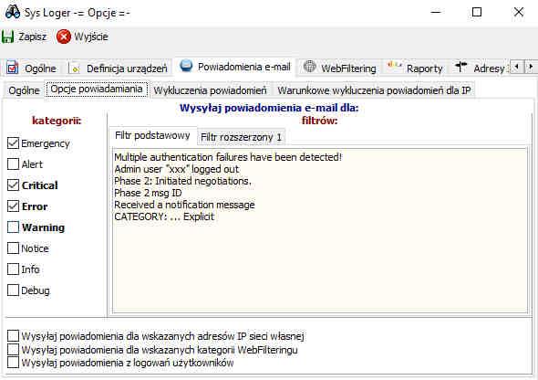 Zdefiniować należy ponadto zakres wykorzystania adresu e-mail, czy ma być wykorzystany do wysyłania poczty e-mail dla: - syslog a, - ping a, - kopii konfiguracji.