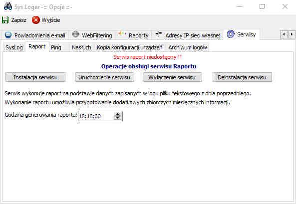 W pierwszej kolejności należy wykonać instalację serwisu, drugim krokiem jest uruchomienie serwisu. Monitor programu (sys_loger.exe) sprawdza i prezentuje działanie poszczególnych serwisów.