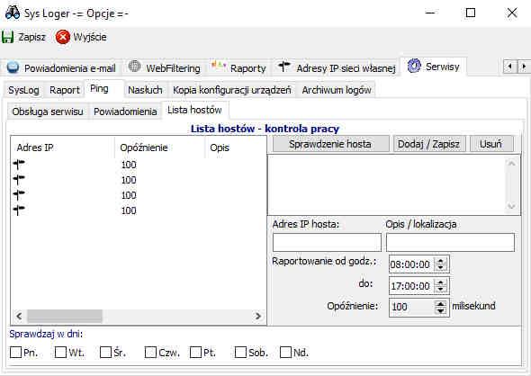 Program pozwala skonfigurować testowanie połączenia dla każdego urządzenia w ramach osobnych harmonogramów (dni tygodnia, godziny), możliwe jest ustawienie wartości granicznej opóźnienia.