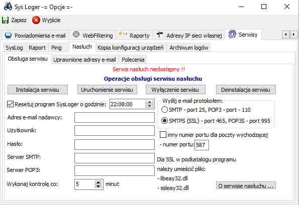 Istnieje możliwość zdalnego sprawdzenia połączenia poprzez wysłanie z uprawnionego adresu e-mail odpowiednio przygotowanej wiadomości. Obsługę tego procesu wykonuje serwis nasłuchu.