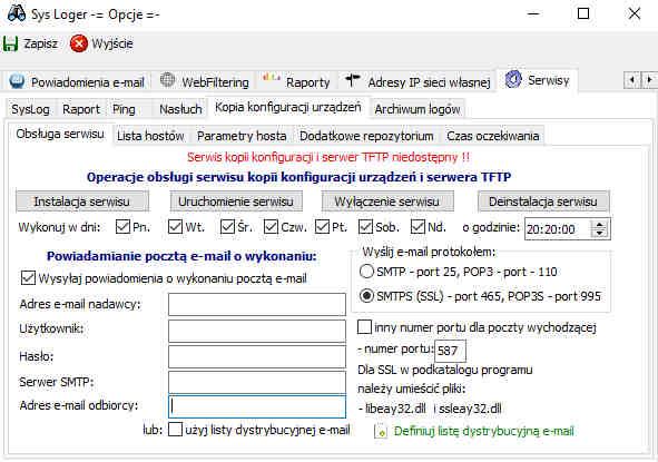 W zakładce Uprawnione adresy e-mail definiowana jest lista adresów e-mail z których zezwolone jest zdalne odpytanie programu o łączność z danym adresem IP.