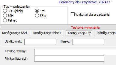 Ftp wybranie opcji powoduje przejście do zakładki Konfiguracja Ftp, gdzie należy podać użytkownika, hasło, katalog zdalny z konfiguracją na urządzeniu oraz plik konfiguracji jaki będzie pobrany.