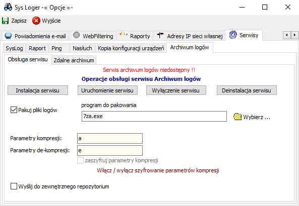 Archiwum logów (w tym zdalne repozytorium) Serwis systemu Windows odpowiedzialny za automatyczne kompresji tekstowych plików logów z urządzeń.