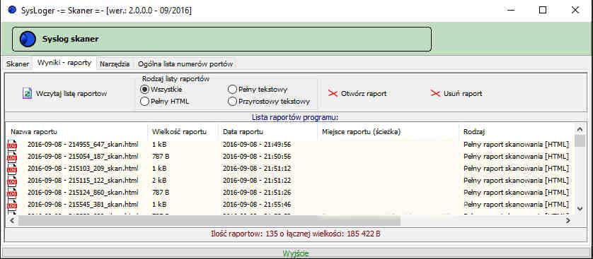 Wyniki raporty zakładka umożliwiająca na dostęp do wyników skanowania umieszczonych w plikach tekstowych i HTML.