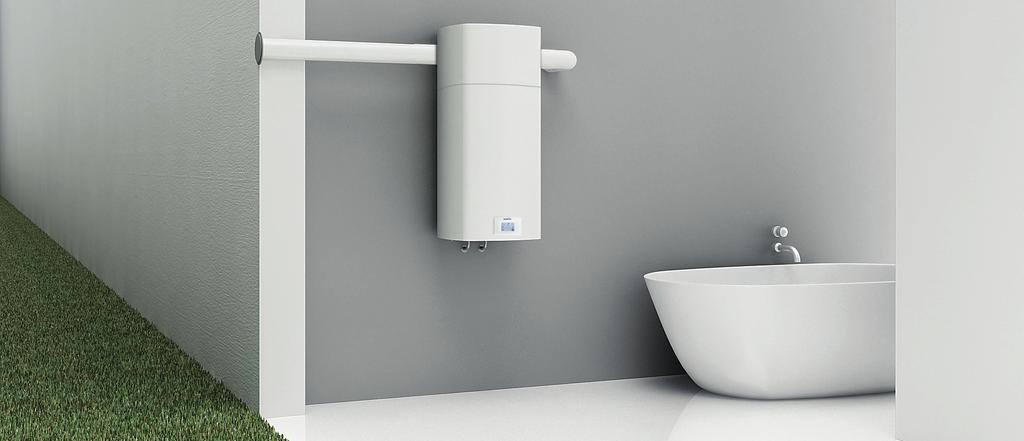 Naścienna pompa ciepła pobiera z łazienki ciepłe i wilgotne powietrze, przekazuje ciepło wodzie użytkowej, następnie schłodzone powietrze tłoczy poza pomieszczenie.