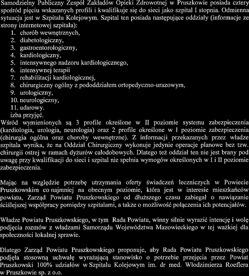 fn. Samodzielny Publiczny Zespół Zakładów Opieki Zdrowotną w Pruszkowie posiada cztery spośród pięciu wskazanych prohtli i kwalinlkuje się do sieci jako szpital l stopnia.