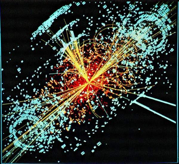Jak będzie wyglądało takie zderzenie w LHC? Linie oznaczają tory cząstek naładowanych wyprodukowanych w zderzeniu 1.