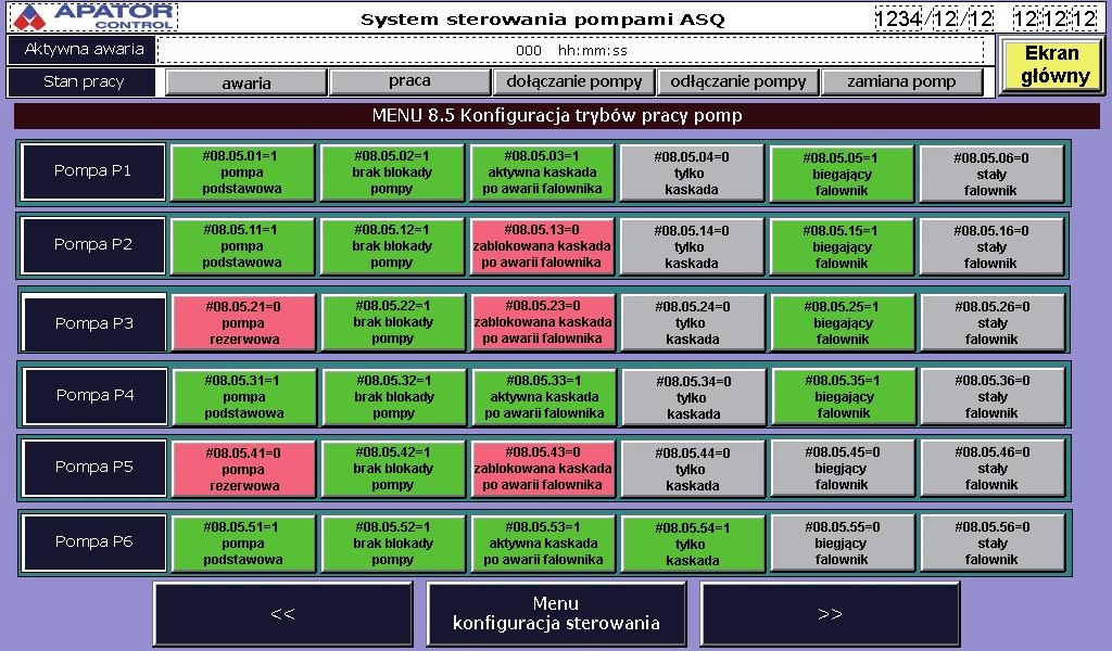 paski trybu pracy pompy, pracy z falownika, pracy z sieci, gotowości do pracy czas pracy bieżący i różnicowy przebiegi