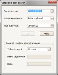 7. Przygotowanie modułu AsService do pracy z aplikacją systemu Asix Rys. Okno 'Ustawienia bazy danych'. 4. Podaj nazwę serwera bazy modułu AsService, nazwę tej bazy oraz tryb autoryzacji.