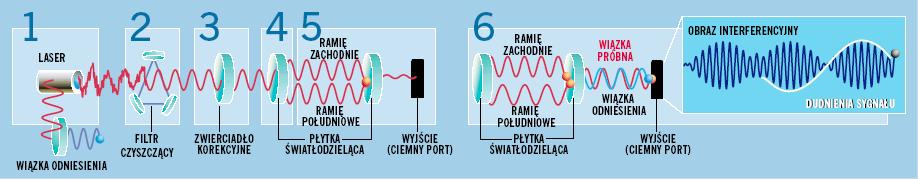 4. Płytka światłodzieląca rozdziela wiązkę na 2 części: pierwsza biegnie do ramienia zachodniego, druga po zmianie fazy na przeciwną do południowego. 2. Foton jest przepuszczany dalej, jeśli znajduje w części wiązki o odpowiednim kształcie i kierunku.