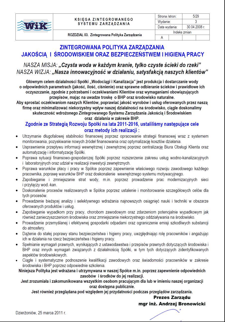 Rozdział 7 Zasady dotyczące BHP, bezpieczeństwa przeciwpożarowego oraz ochrony środowiska, obowiązujące Wykonawców realizujących prace na terenie spółki WiK w Dzierżoniowie wraz z oświadczeniem o ich