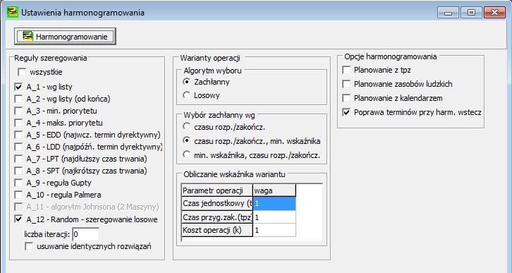 Harmonogramowanie Przed rozpoczęciem tworzenia harmonogramów należy ustalić wartości parametrów harmonogramowania określające sposób poszukiwania i oceny utworzonych rozwiązań.