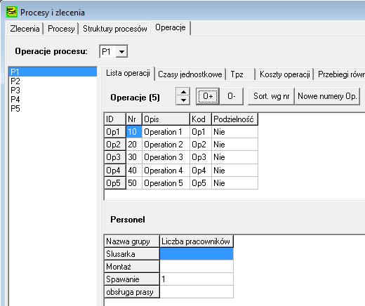 Zakładka Struktury procesów Lista operacji w danym procesie jest dostępna w zakładce Operacje/ Lista operacji (rys. 10).